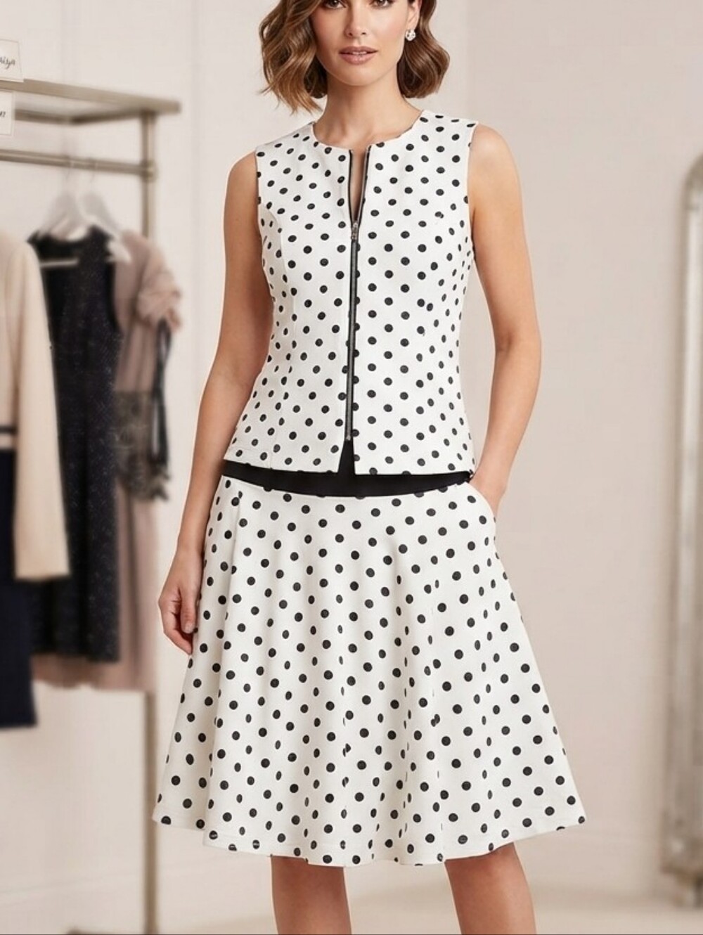 Frank Lyman Polka Dot Peplum Top & Flared Skirt Set – Size 8